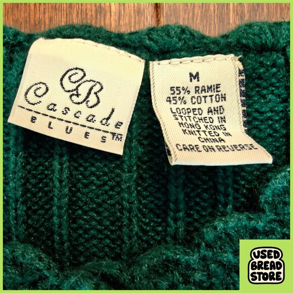 Vintage 90s Cable Knit Scalloped Henley Sweater Womens M Green Cascade Blues - Picture 3 of 5